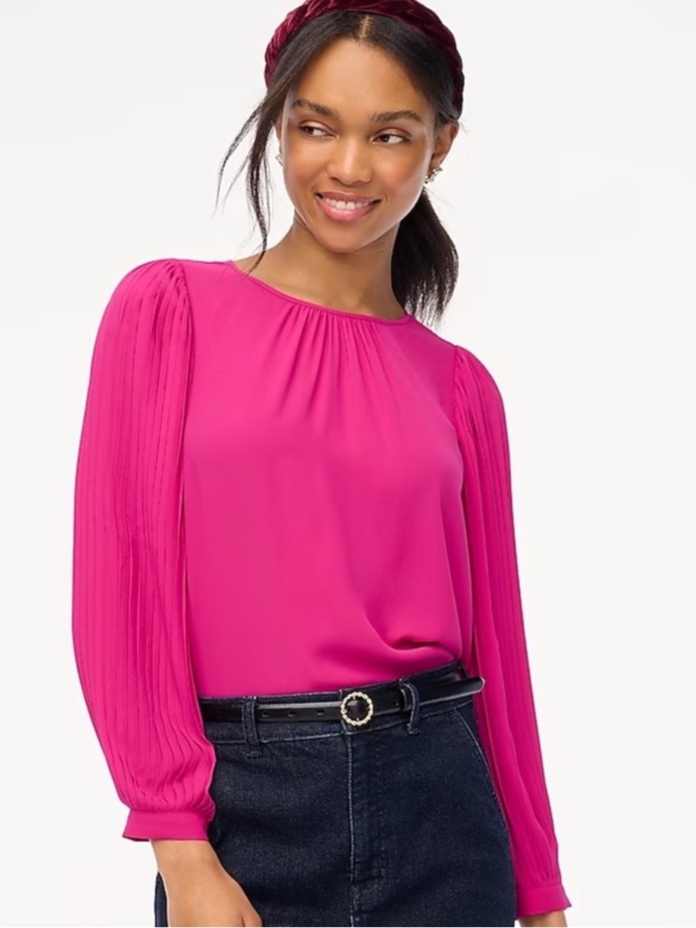 J Crew Blouse Womens Size Small Pink fuchsia chiffon pleated long sleeve